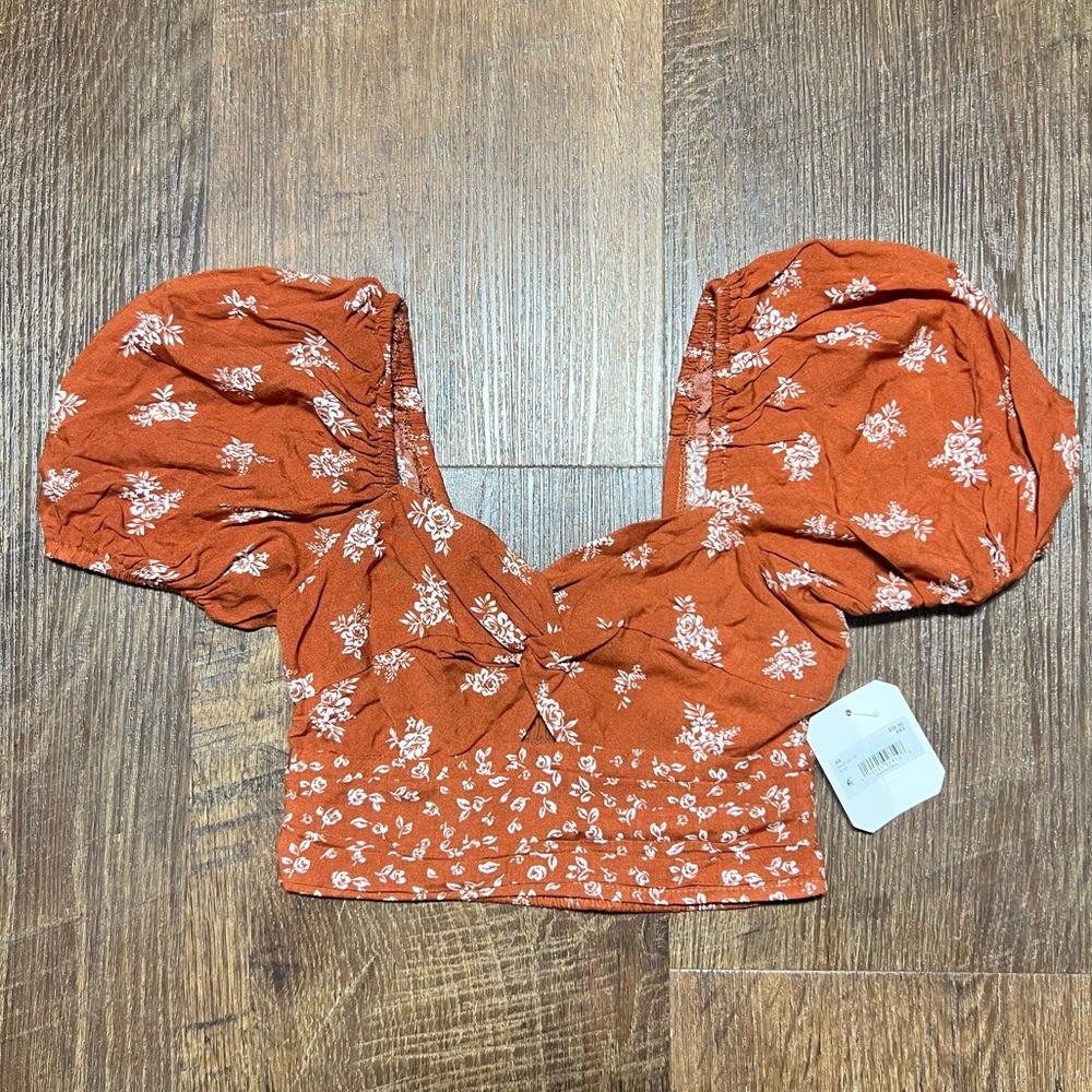 NWT Altar’d State Rust Floral Crop Top XXS Puff Sleeve Smocked Boho Blouse - Picture 2 of 6